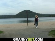 Blonde old grandma rides cock on public 3/16