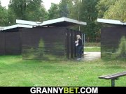 Blonde old grandma rides cock on public 4/16