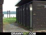 Blonde old grandma rides cock on public 5/16