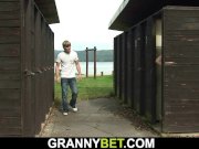 Blonde old grandma rides cock on public 9/16