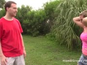 Big tit blonde amateur jerks off a cock outdoors 3/16