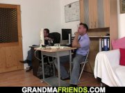 Two guys fuck very old blonde granny for job 5/16