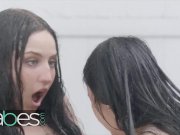 Two big tit wet lesbians rub their teen pussies in the rain - BABES 6/16