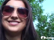 Hot brunette shows some goods during a walk 5/16