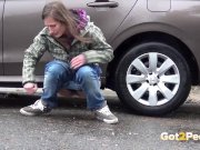 Blonde And Brunette Squat And Piss Together 14/16