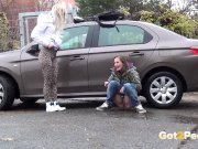 Blonde And Brunette Squat And Piss Together 8/16
