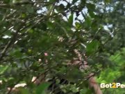 Tanned Blonde Babe Sits On Fence To Piss 16/16