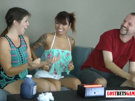 2 Girls and One Guy Play a Game of Speed, Loser Gets Tarred