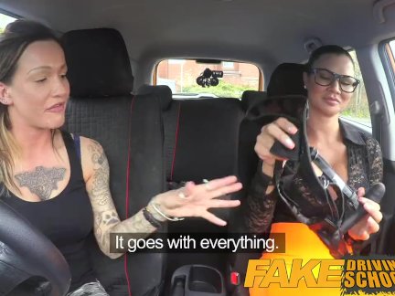 Fake Driving School Sexy strap on fun for new big tits driver