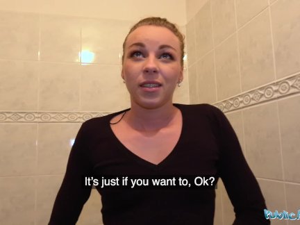 Public Agent Multiple orgasms as tight pussy stretched in public toilet