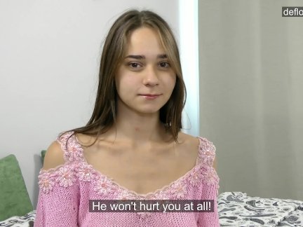 A small virgin shows her hymen. Then the guy fucks her. She's crying ..