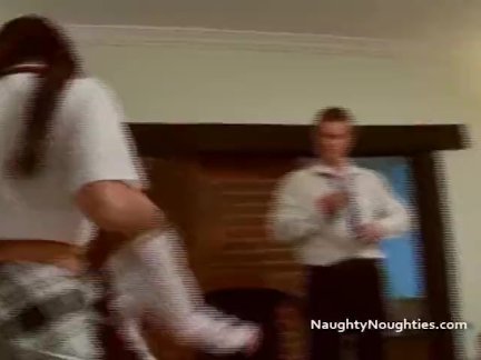 One lucky guy fucks four college cuties in uniforms and pigtails