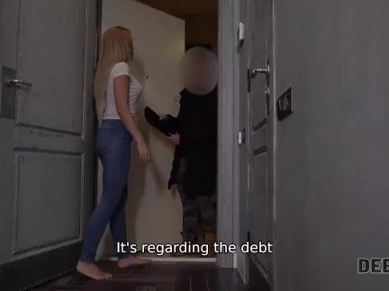 Debt4k. Blonde hogtied collector, sucked his dick and gets it into vagina