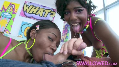 SWALLOWED Two ebony cum dumpsters suck a big white cock